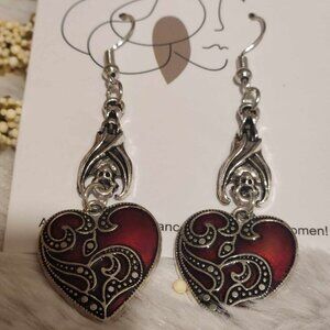 Deep Red Heart Dangle Earrings